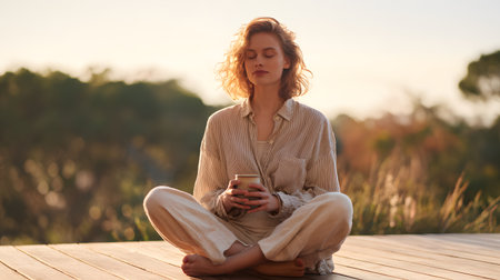 Beautiful young woman with closed eyes and a cup of coffee sitting on a wooden terrace at sunsetの素材
