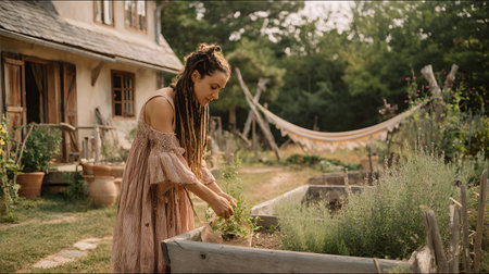 Beautiful young woman with dreadlocks working with herbs in the gardenの素材