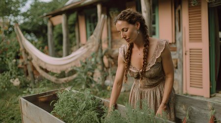 Young beautiful girl with dreadlocks in a dress in the gardenの素材