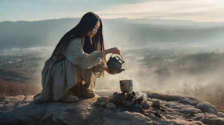Young asian woman on the top of a mountain making hot tea from a kettleの素材