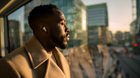 A young African American man in his 30s is listening to music with earphones in a bus. Short hair, wearing a tailored coat, and wireless earbuds. Looking out the window of a driverless electric bus. Golden hour light, warm reflectionsの素材