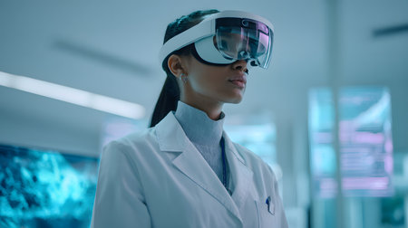 A female scientist with light brown skin wearing a lab coat and VR headset monitors deep-sea mining data in a clean, futuristic lab. Minimalist interior with holographic displays and soft lighting. Pastel tonesの素材