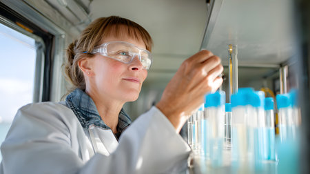 A female scientist, caucasian in a lab coat and safety goggles, analyzing water samples in a mobile ocean lab. Minimalist interior with glass vials, digital instruments, and soft lightingの素材