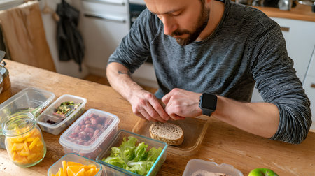 photo of a dad packing a zero-waste lunch while checking his smartwatchの素材