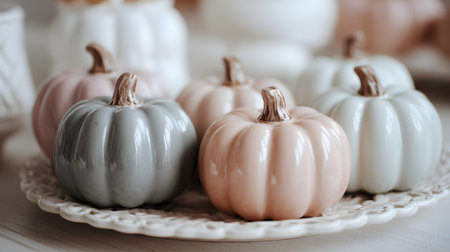 photo close up cozy home decor with ceramic pumpkins pastel colorsの素材