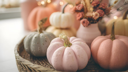 photo close up cozy home decor with ceramic pumpkins pastel colorsの素材