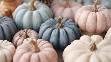 photo close up cozy home decor with ceramic pumpkins pastel colorsの素材