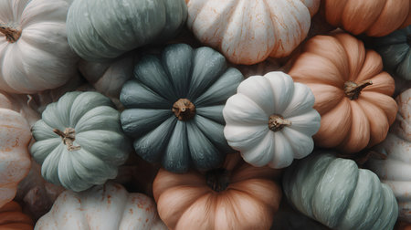 photo close up cozy home decor with ceramic pumpkins pastel colorsの素材