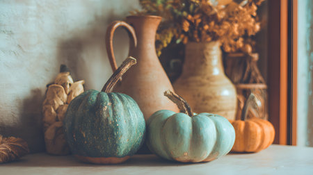 photo close up cozy home decor with ceramic pumpkins pastel colorsの素材