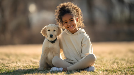 A mixed-race kid wearing a soft linen hoodie, smiling as a golden retriever puppy sits calmly beside her. Open grassy area with blurred background. Golden hourの素材