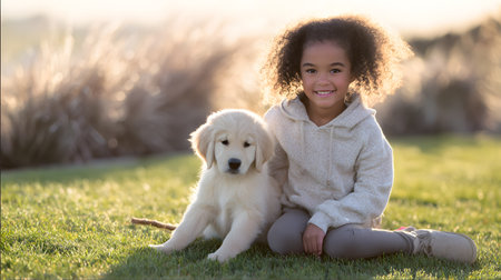 A mixed-race kid wearing a soft linen hoodie, smiling as a golden retriever puppy sits calmly beside her. Open grassy area with blurred background. Golden hourの素材