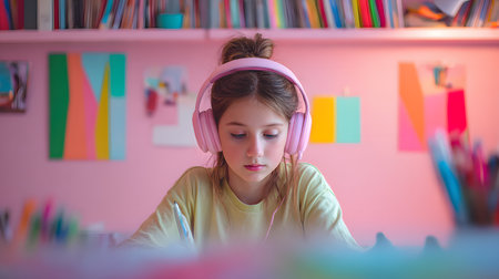 Girl wearing headphones. picture of a teen with noise-canceling headphones in a pastel-drenched pink and mint pastel colors bedroom classroomの素材