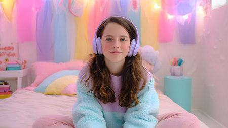 Girl wearing headphones. picture of a teen with noise-canceling headphones in a pastel-drenched pink and mint pastel colors bedroom classroomの素材