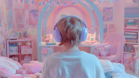 Girl wearing headphones. picture of a teen with noise-canceling headphones in a pastel-drenched pink and mint pastel colors bedroom classroomの素材
