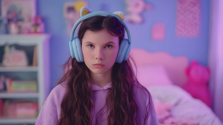 Girl wearing headphones. picture of a teen with noise-canceling headphones in a pastel-drenched pink and mint pastel colors bedroom classroomの素材