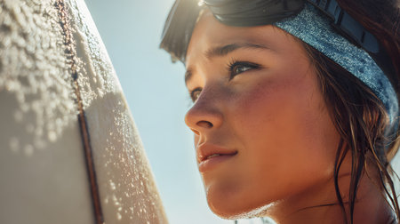 Close up portrait of a young woman with surfboard on the beachの素材