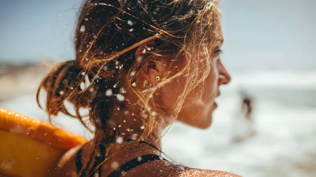 Portrait of a young beautiful woman with a surfboard on the beachの素材