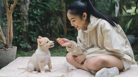 Young asian woman feeding chihuahua dog in the gardenの素材