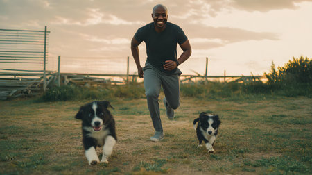 A middle-aged Caucasian woman in her 20s wearing a soft beige hoodie and leggings helping a golden retriever puppy climb a small agility ramp. Outdoor dog gym with soft turf. Golden hour lightの素材