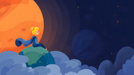 Cartoon flat illustration of a little prince sitting on a big moonの素材