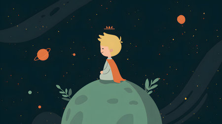 A little boy is sitting on the moon and looking at the planets. Flat illustrationの素材