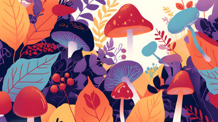 illustration of different vivid mushrooms on a colorful background with leavesの素材