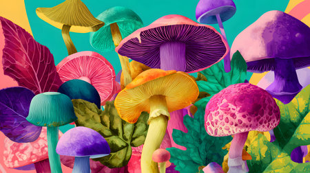 illustration of different vivid mushrooms on a colorful background with leavesの素材