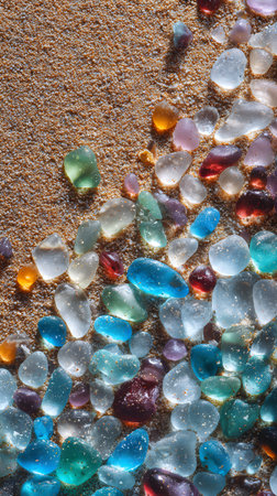 Colorful glass pebbles on the beach sand as a background. Colorful stones on the sand. Selective focus, seaglass natureの素材