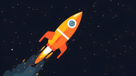 Flat illustration of a rocket is flying in space. Start-up concept. Night sky and cosmosの素材