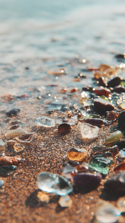pebble stones and seaglass on the beach, shallow depth of field. Close up, selective focusの素材