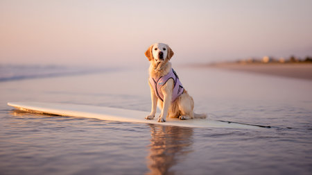 Labrador retriever sitting on surfboard at sunset on the beachの素材