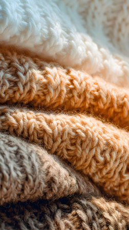Closeup of beige and brown woolen sweaters. Selective focusの素材