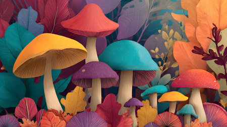 autumn mushrooms background. flat illustration of different vivid mushrooms on a colorful background with leavesの素材