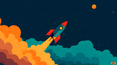 rocket in space concept. Flat illustration of a rocket with clouds and planetsの素材