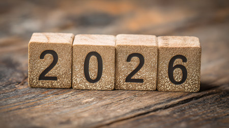 Wooden cubes with numbers 2026 on a wooden background. Happy New Year conceptの素材