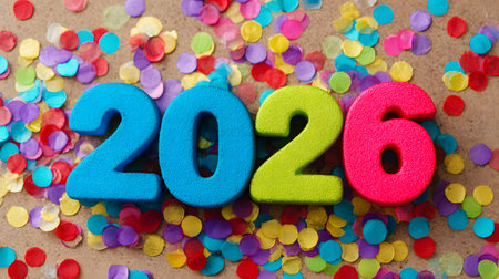 Colorful confetti and the number 2026 on a wooden background. Happy New Year conceptの素材