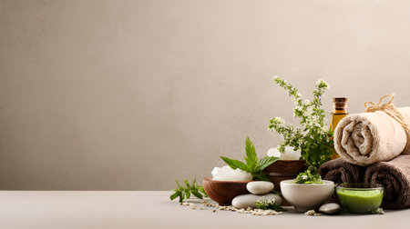 Spa still life with essential oil, natural soap, towels, and herbs on a wooden table. Spa still life with flowers, stones and towels on light backgroundの素材