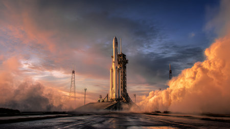 a rocket standing on the launchpad at dusk, smoke and steam rising, golden hour light reflecting on the rocketの素材