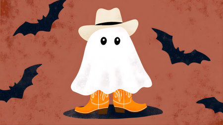 Halloween background with a cute ghost in a cowboy hat and boots. Flat illustrationの素材