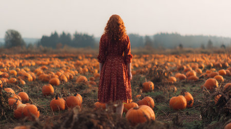 Pumpkin field woman. Beautiful young woman in a sweater posing among pumpkins on a pumpkin patchの素材