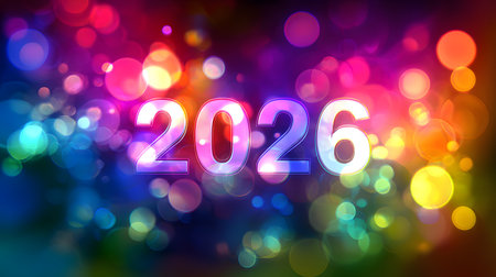 Happy New Year 2026. Greeting card. Colorful background. colorful bokeh backgroundの素材