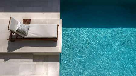 Aerial view of a Beach chair by the swimming pool with sunlight and shadow at a luxury hotel resort. sun loungers and umbrellas. Summer vacation conceptの素材