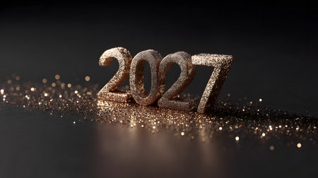 Happy New Year 2027. Golden numbers on a black background with glitter, selective focusの素材