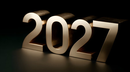 Happy New Year 2027. Metal Golden Numbers on Dark Backgroundの素材