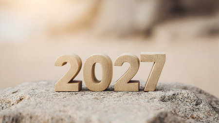 Wooden number 2027 on nature background. Happy new year conceptの素材