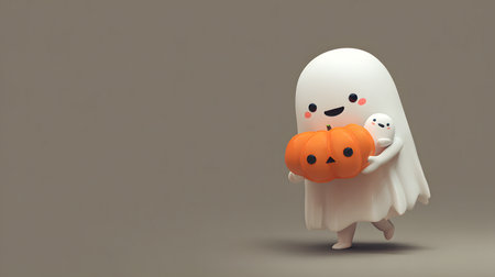 Halloween ghost with pumpkin on gray backgroundの素材