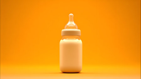 Baby food glass bottle on a clear, vivid orange background with copy space. Bottle of baby food on an orange background. Close-upの素材