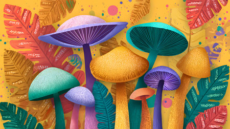 Flat illustration of autumn, vivid, colorful mushrooms background. flat illustration of different vivid mushrooms on a colorful background with leavesの素材