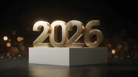 Happy New Year 2026. Golden numbers on the podium and a black backgroundの素材