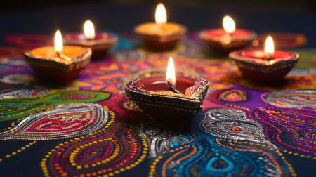 Happy Deepavali. Indian festival Diwali, Diya oil lamps lit on colorful rangoli. Hindu traditional. Copy space, selective focusの素材